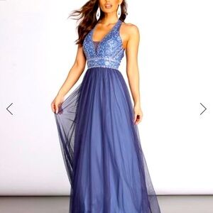 NWT WINDSOR TAJI HALTER APPLIQUE MESH BALL GOWN 5